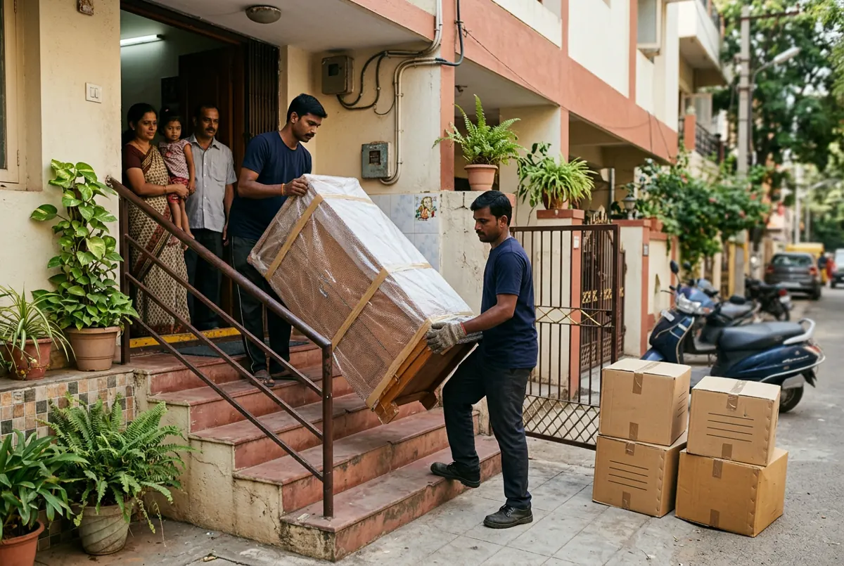 Two crew members carrying a wrapped wardrobe down the steps of an apartment building while the family watches