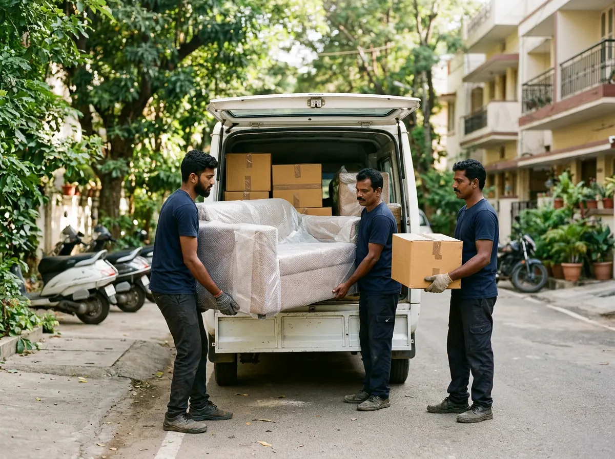 A three-person crew loading a wrapped sofa and moving boxes into a mini-truck on a Bangalore residential street