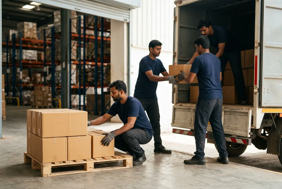 A crew moving cartons from pallets into a truck at a warehouse loading dock